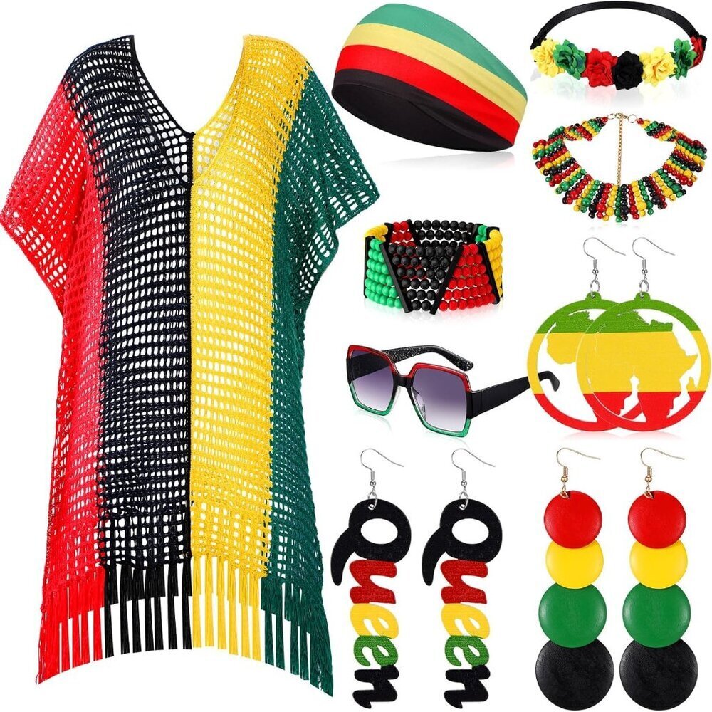 African Jamaican Accessories Set Women's Jewelry Includes Earrings Sunglasses Ba - Picture 1 of 6